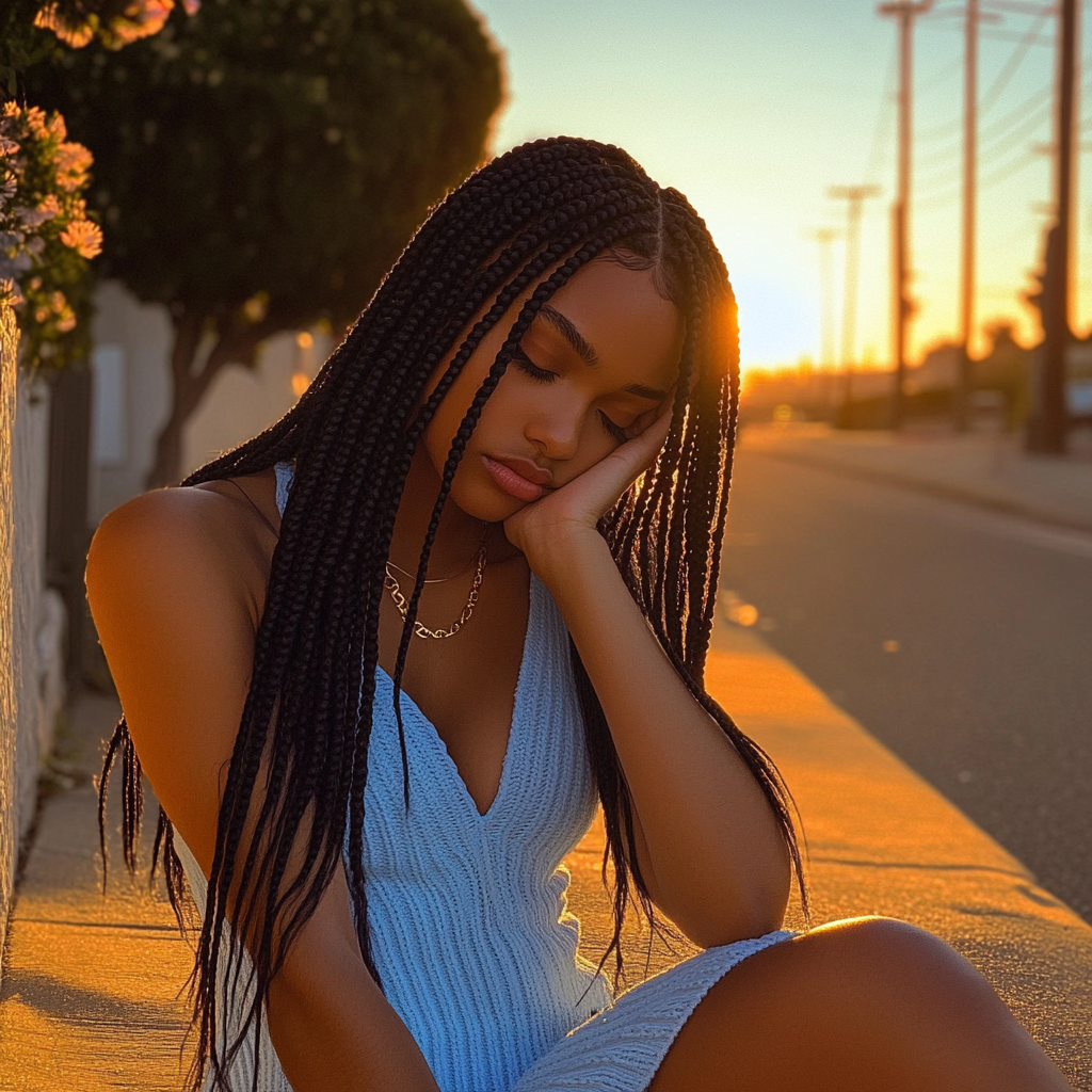 A woman sitting on a sidewalk | Source: No source