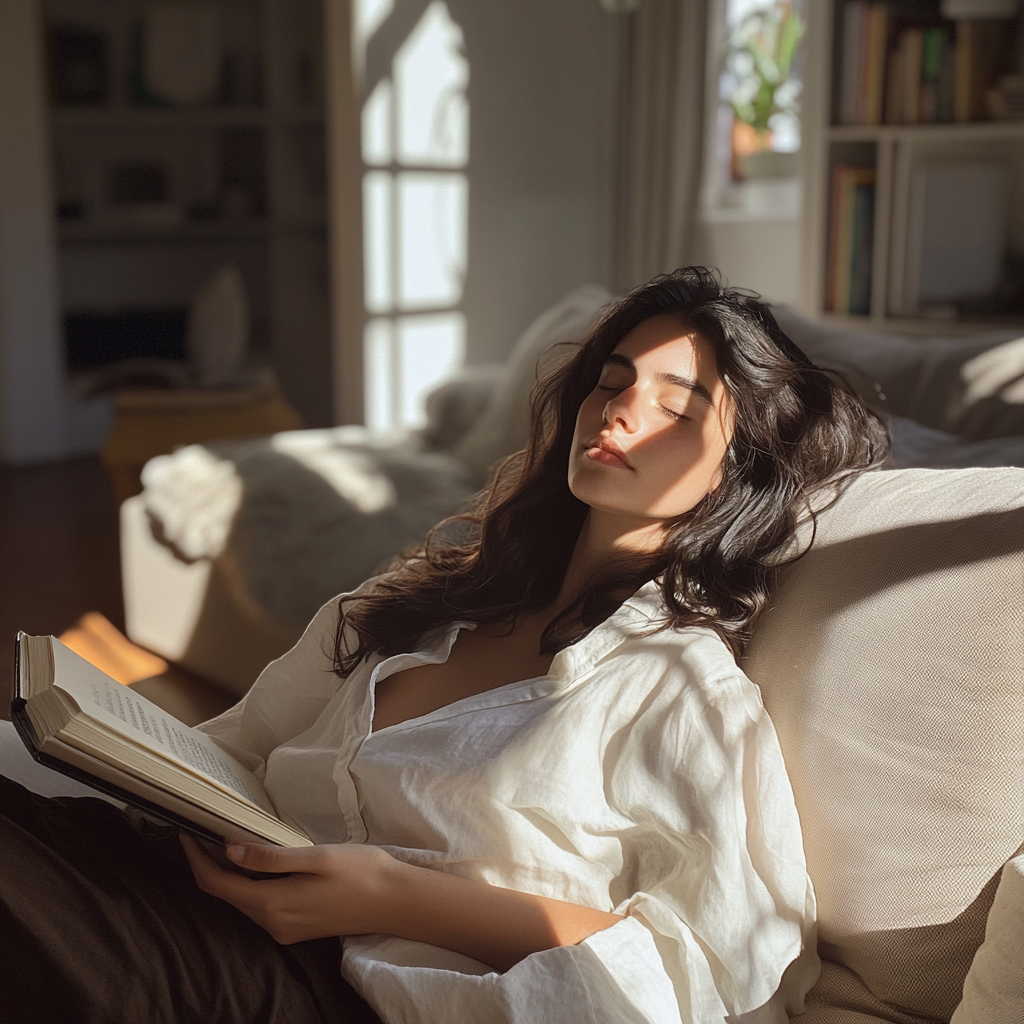 A woman relaxing in a living room | Source: No source