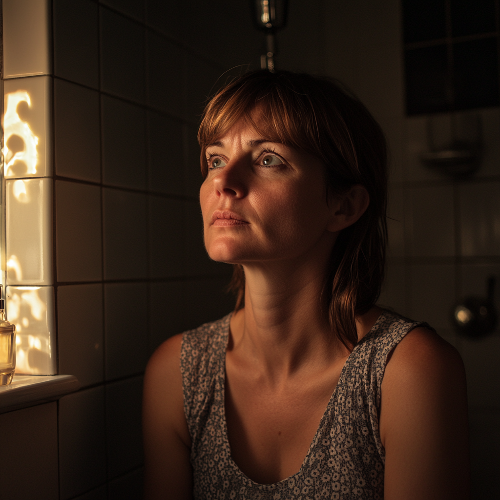 A concerned woman in her bathroom | Source: no source