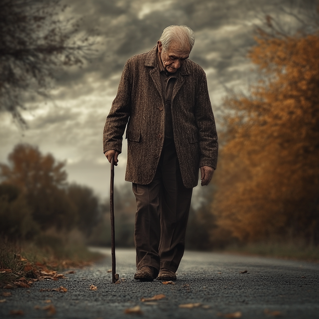 A sad older man walking on the road | Source: no source