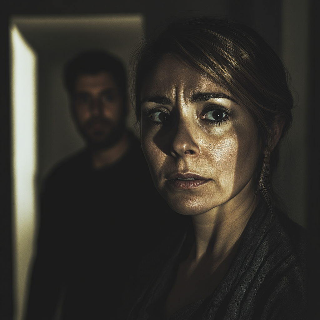 A close-up of a suspicious woman, with her husband standing by the door in the background. | Source: No source
