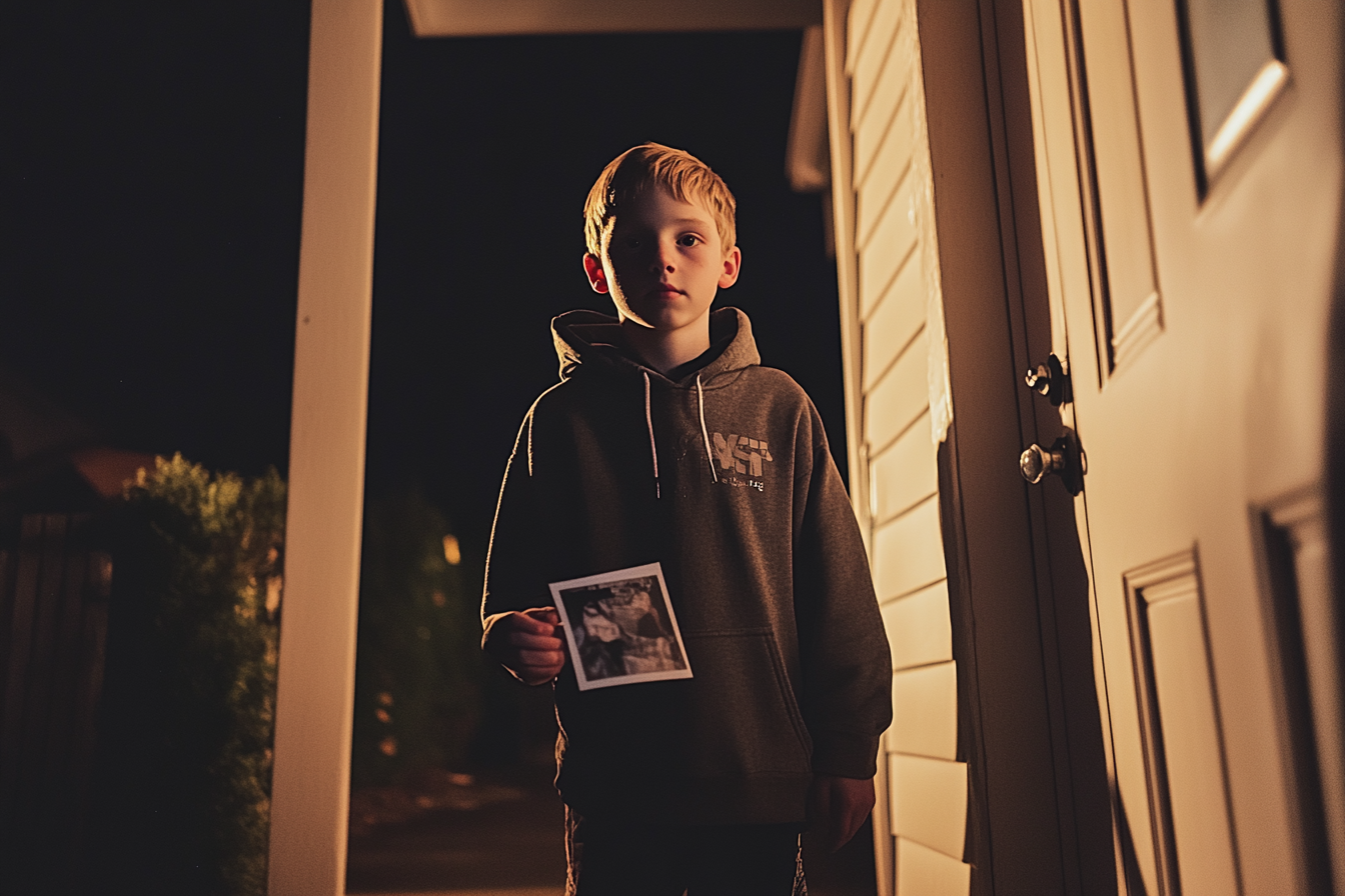 A boy holding a photograph | Source: no source