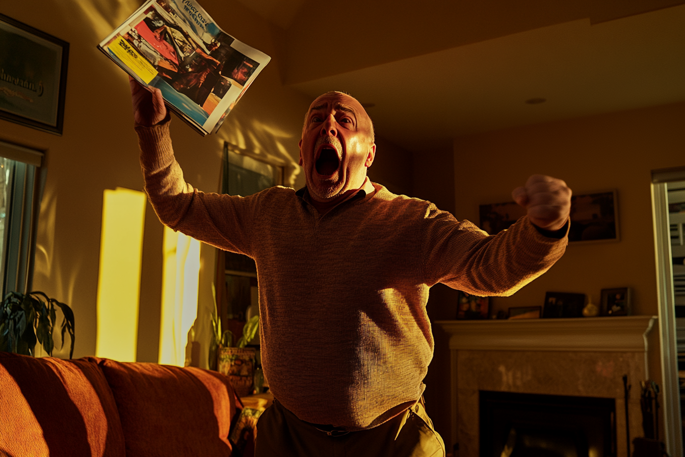 An elderly man in his 70s stands in his living room, yelling and throwing a magazine in anger | Source: no source