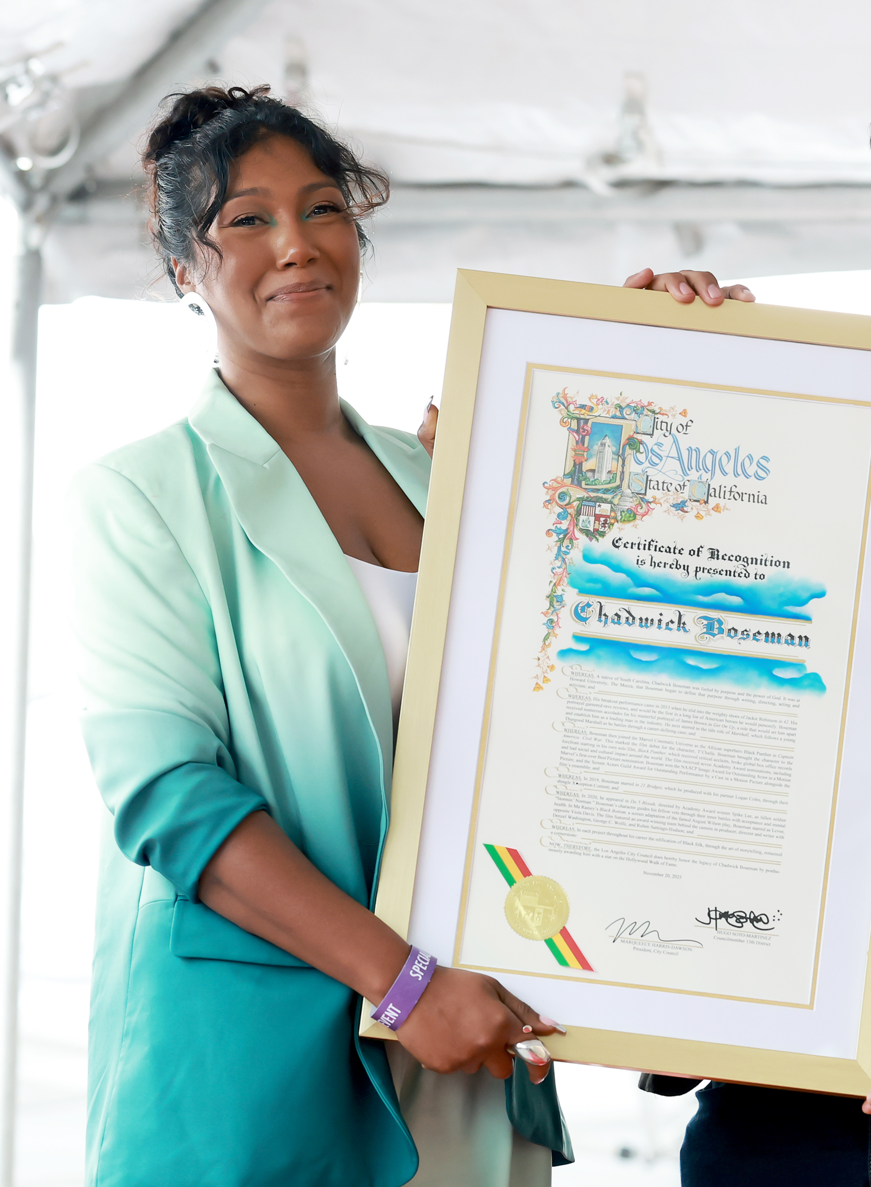 Taylor Simone Ledward-Boseman is seen onstage on November 20, 2025, in Hollywood, California | Source: Getty Images