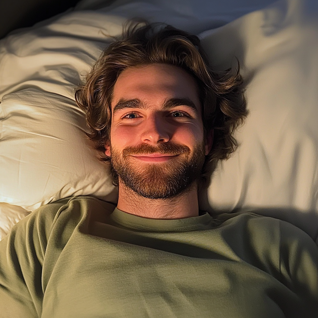 A smiling man laying in bed | Source: No source