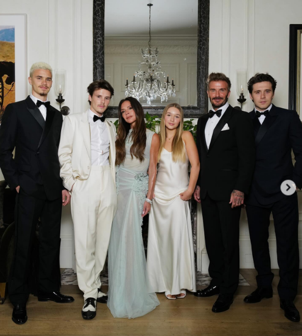 Victoria, David, Brooklyn, Romeo, Cruz, and Harper Beckham dress nicely in a post dated April 20, 2024 | Source: Instagram/victoriabeckham