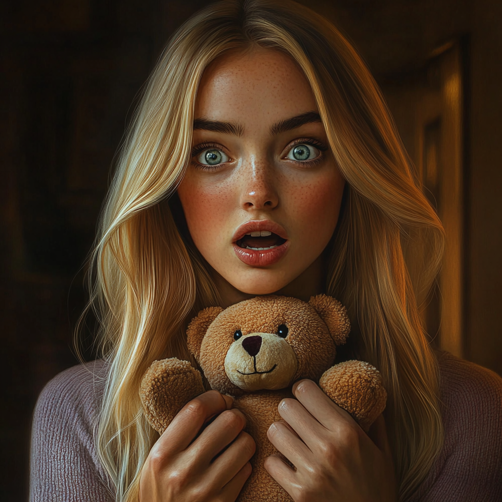 A startled woman holding a teddy bear | Source: no source