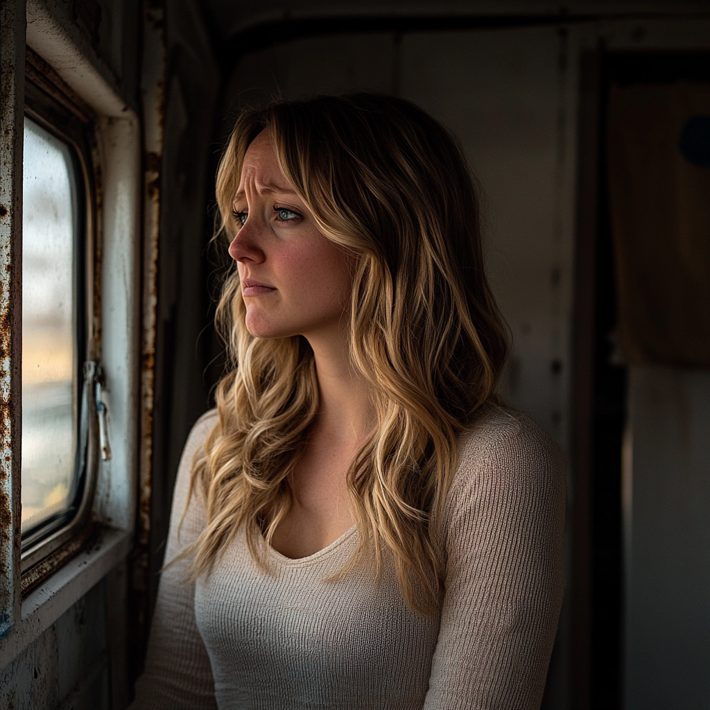 An emotional woman standing in an old trailer | Source: No source