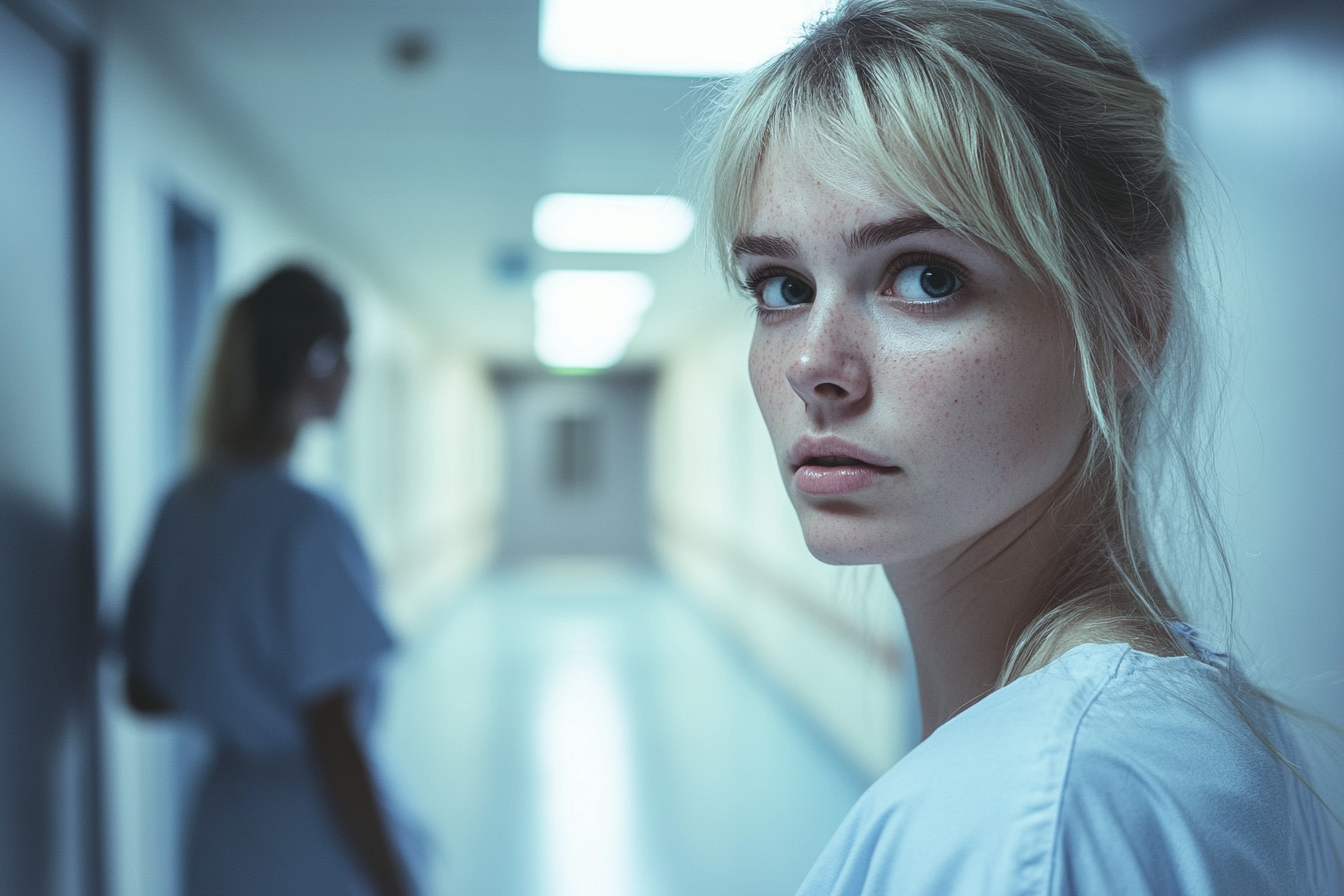 A woman glancing over her shoulder in a hospital corridor | Source: No source