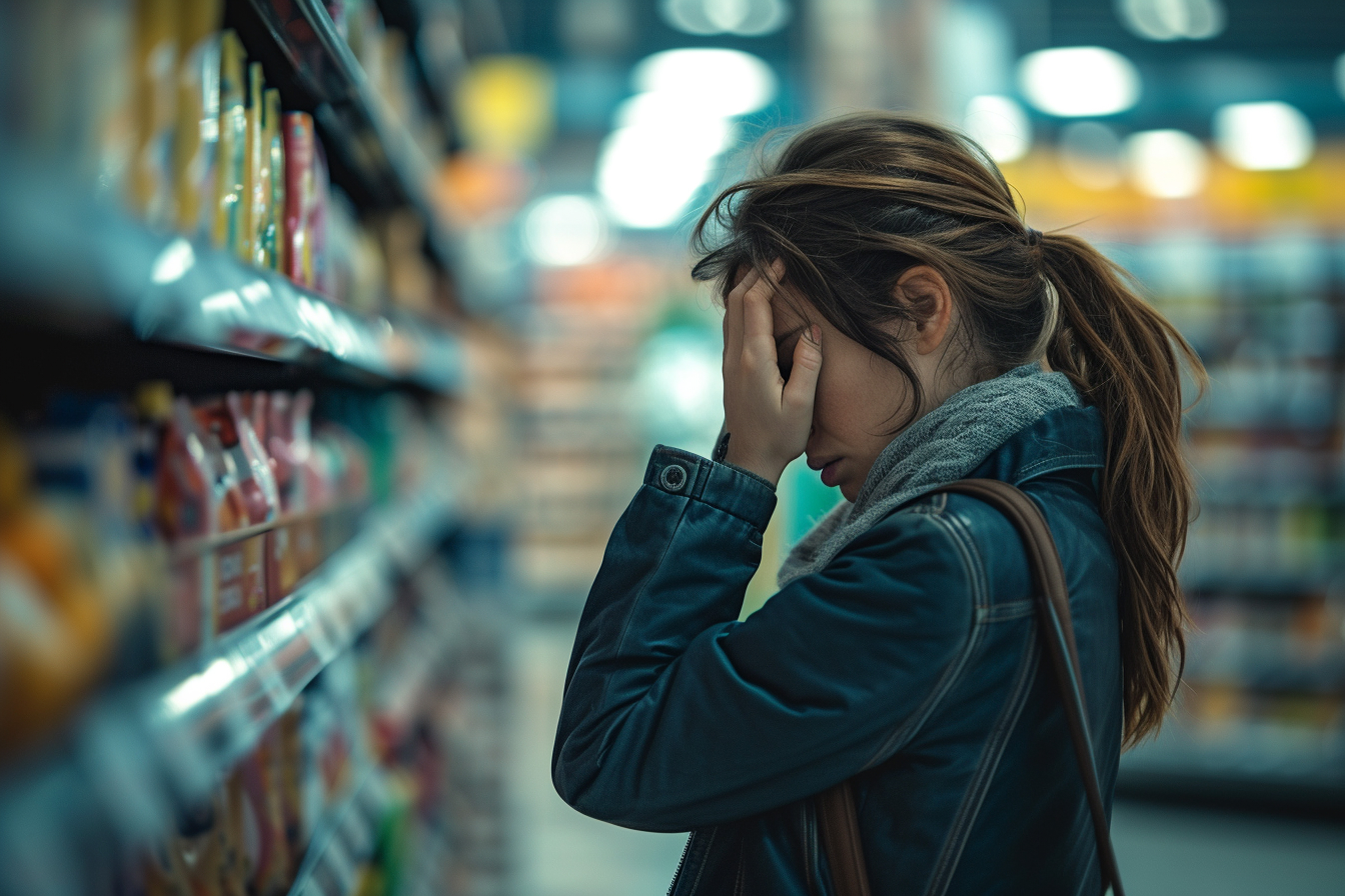 A woman looking upset in a grocery aisle | Source: Freepik