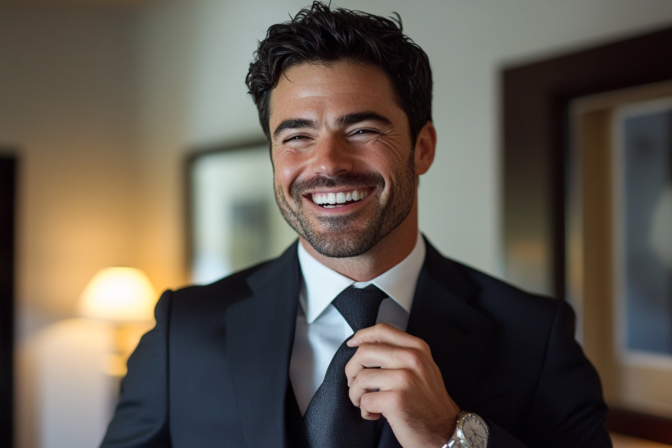 A man laughing while adjusting his tie | Source: No source