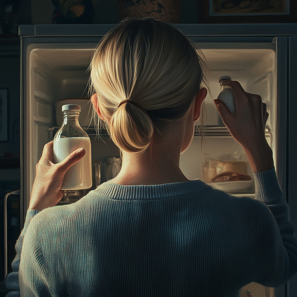 A woman taking milk bottles from the fridge | Source: no source