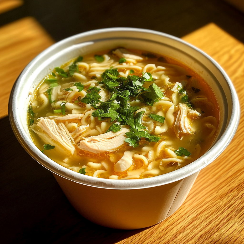 A container of chicken noodle soup | Source: no source
