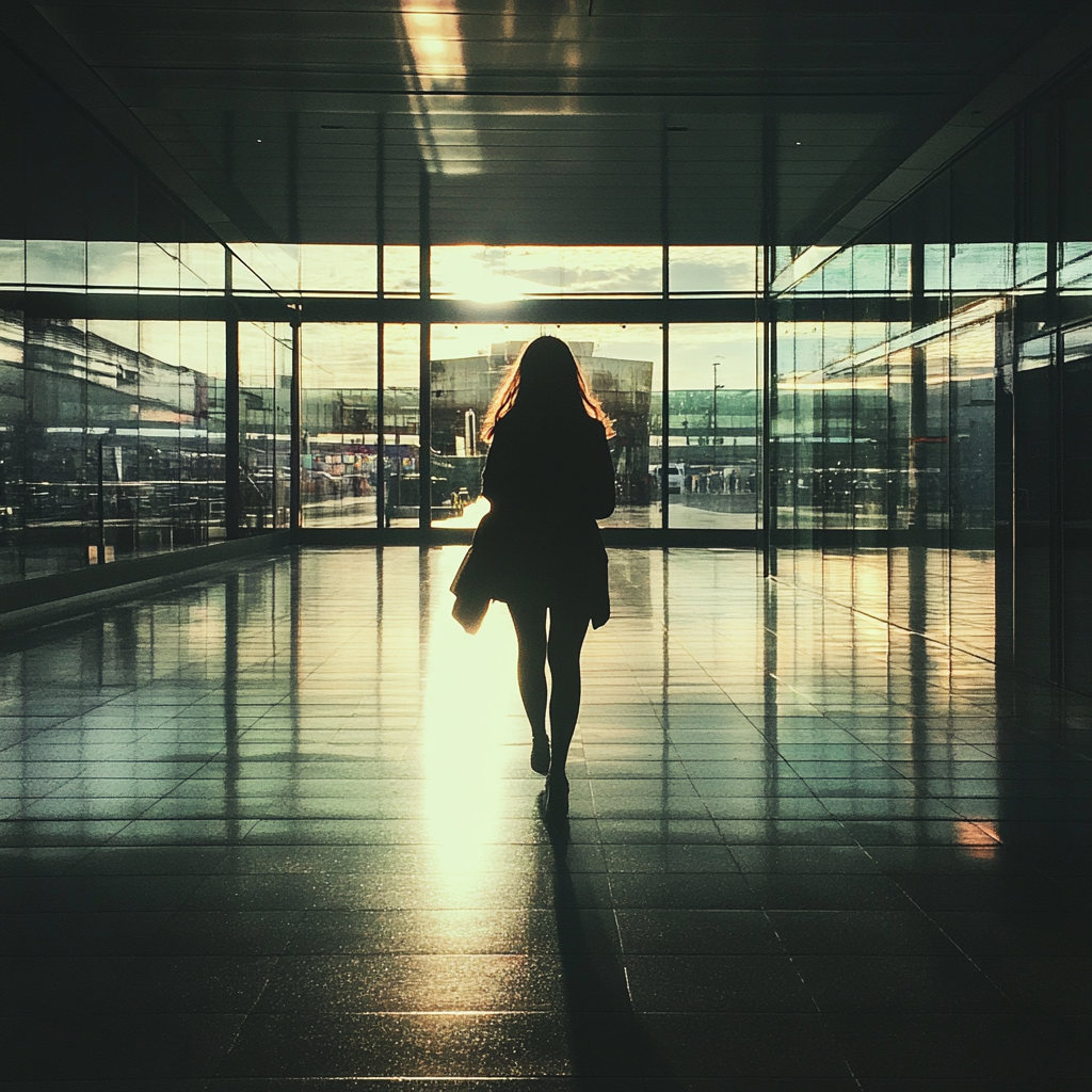 A woman walking through an airport | Source: no source