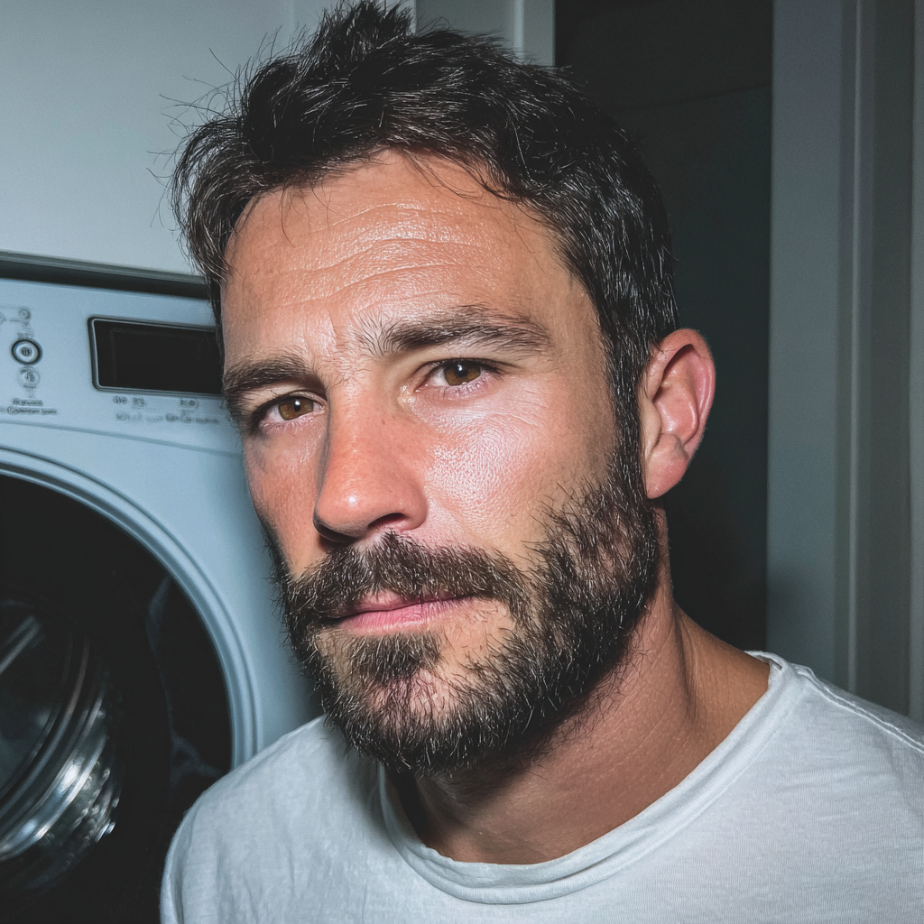 A tired man standing next to a washing machine | Source: no source