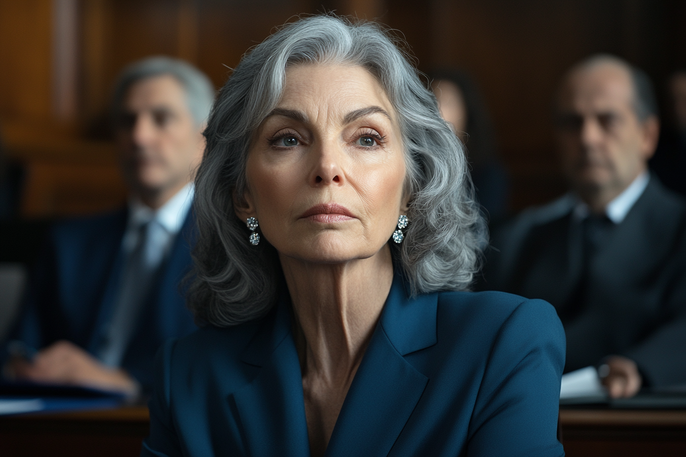 An older woman sitting in court with a serious expression | Source: No source