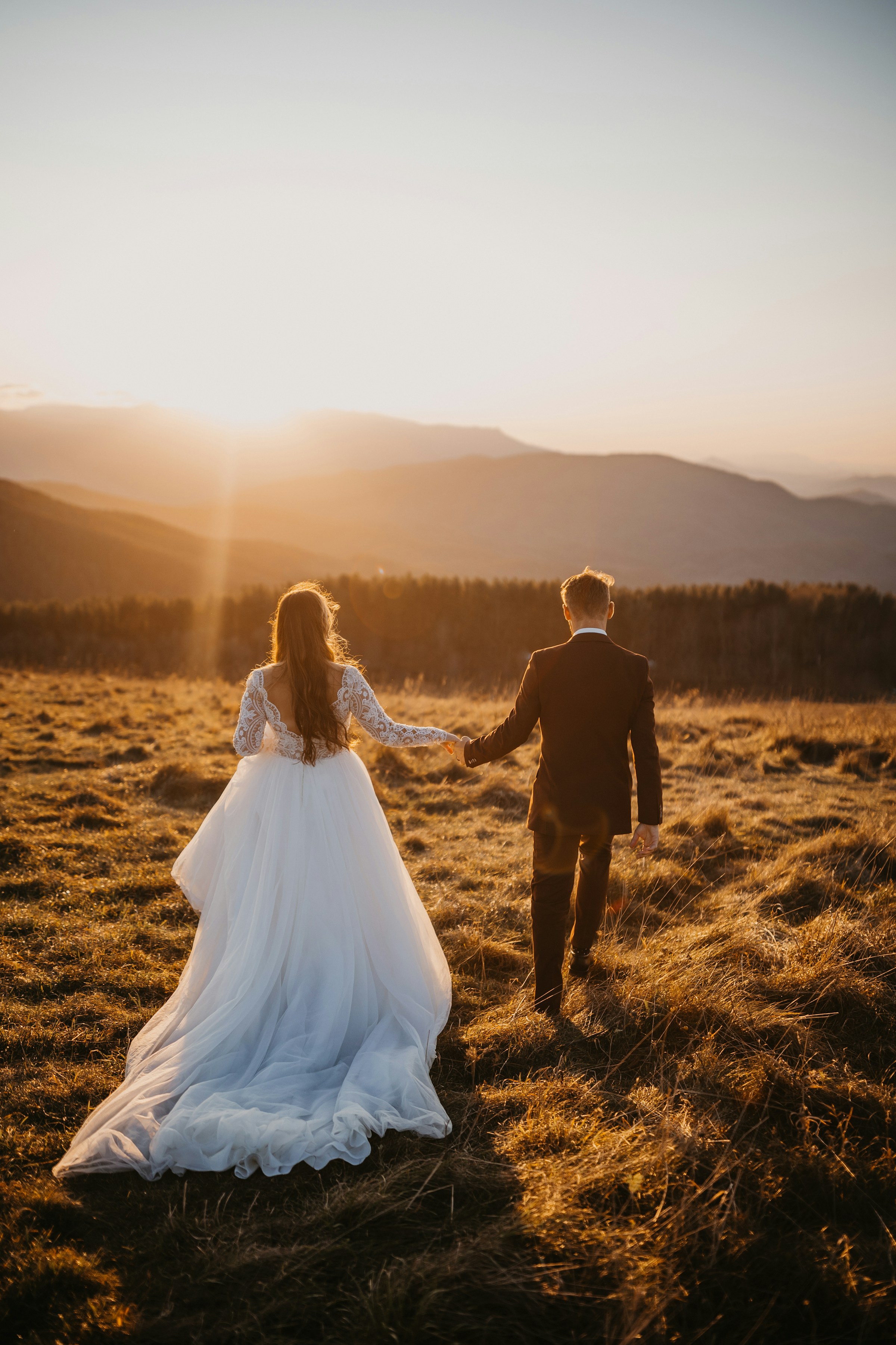 Newlyweds holding hands in a sunlit field | Source: Unsplash