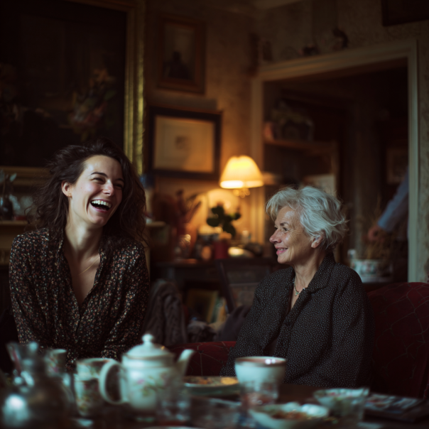 A woman laughing as she talks to another woman | Source: no source