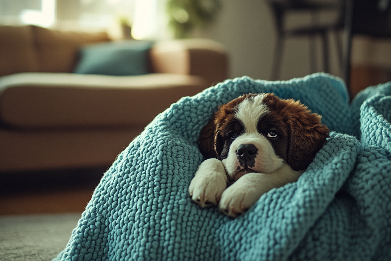 A Saint Bernard puppy wrapped in a blue blanket in the living room | Source: No source