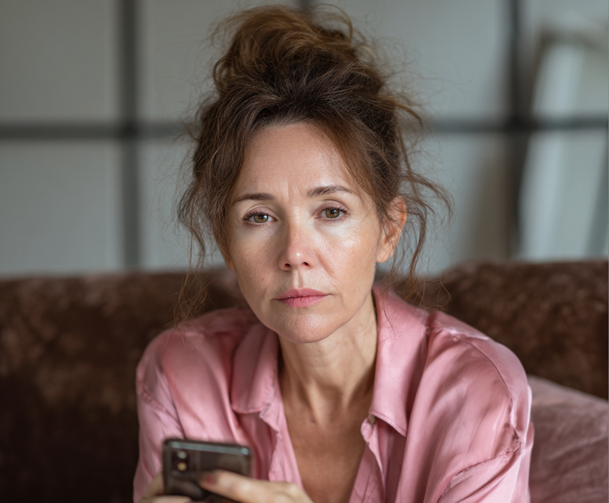 A woman sitting on a couch and holding her phone | Source: No source