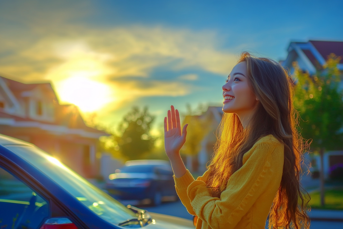A woman standing beside her car waving her hand | Source: No source