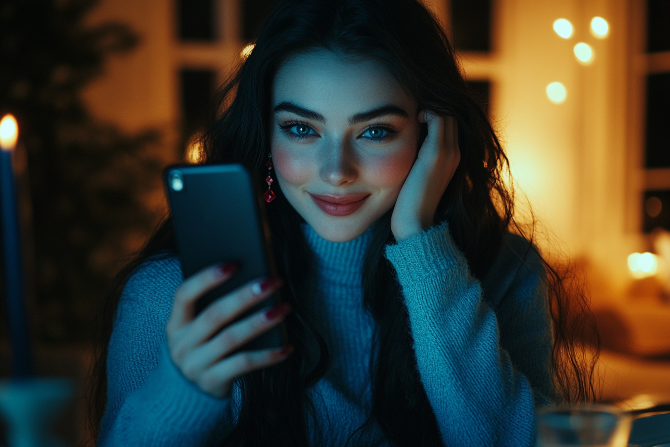 Woman in her 20s with long, wavy black hair and blue eyes holding up a phone during dinner in a house | Source: No source