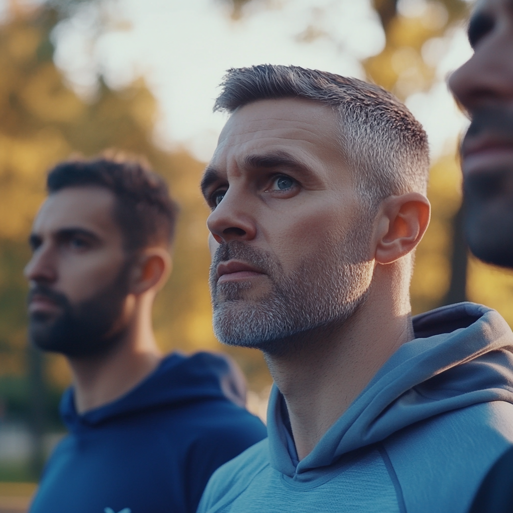 Three men standing in a park | Source: no source