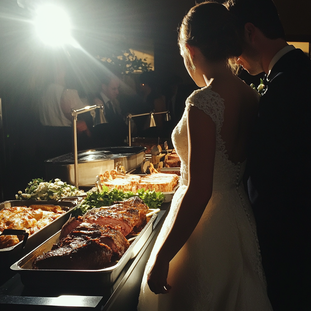 A couple standing at a wedding buffet | Source: No source