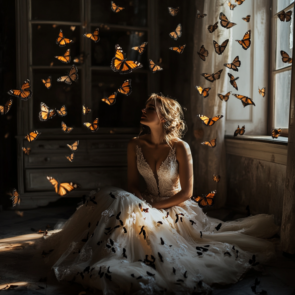 A woman sitting as butterflies fly around her | Source: no source