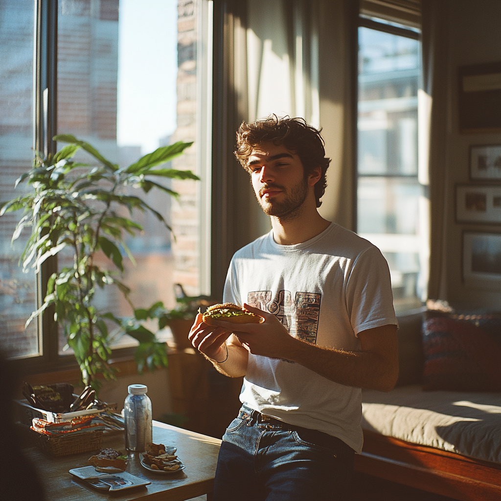 A relaxed man holding a sandwich | Source: no source