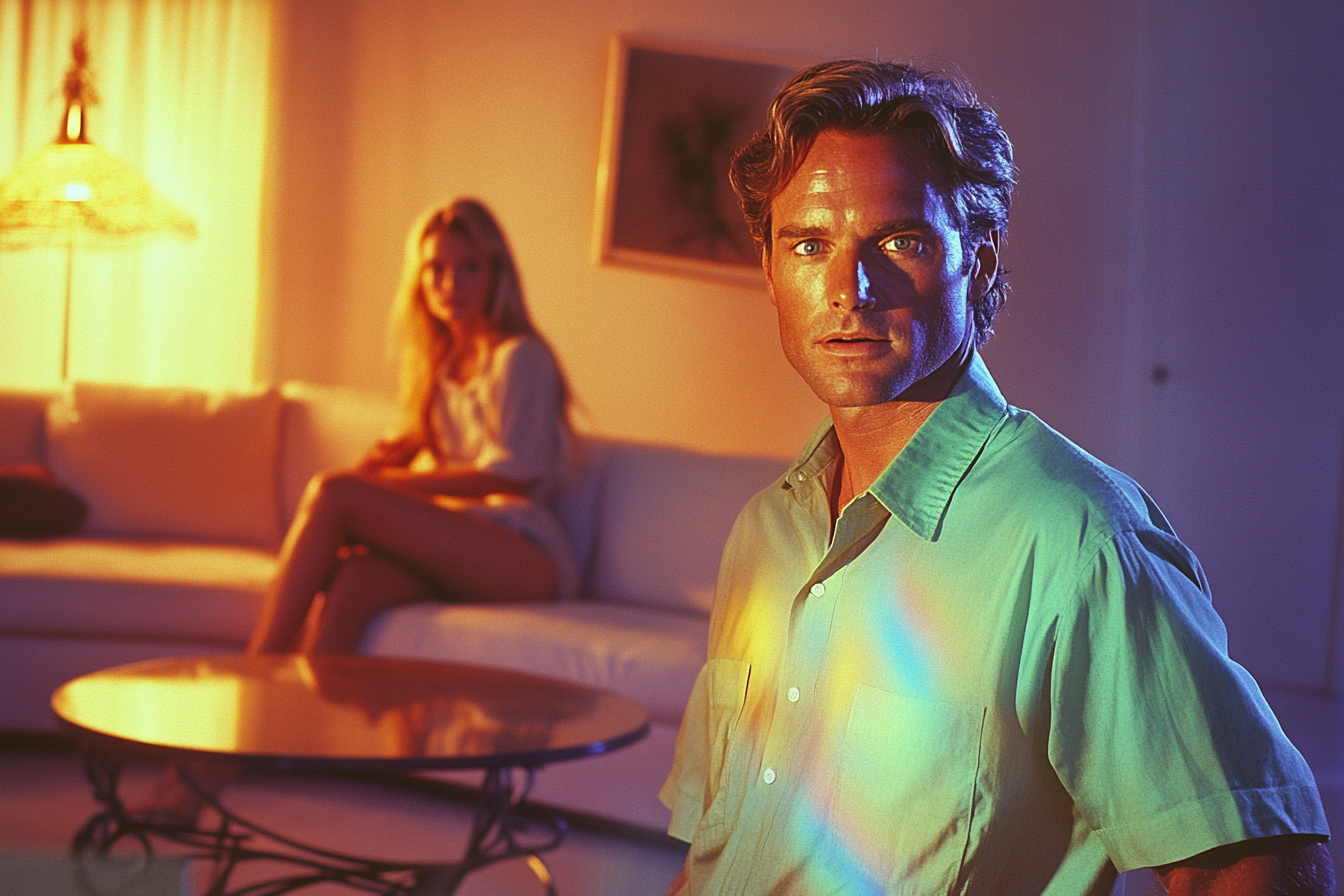 A man looks ashamed while a blonde woman sits on a couch behind him, surprised | Source: no source