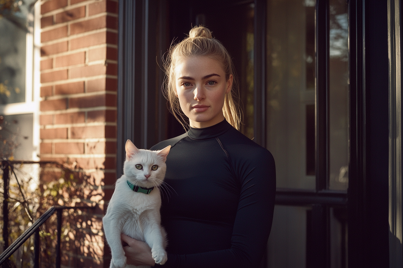 A woman in exercise clothes outside a townhouse, holding a white cat | Source: No source