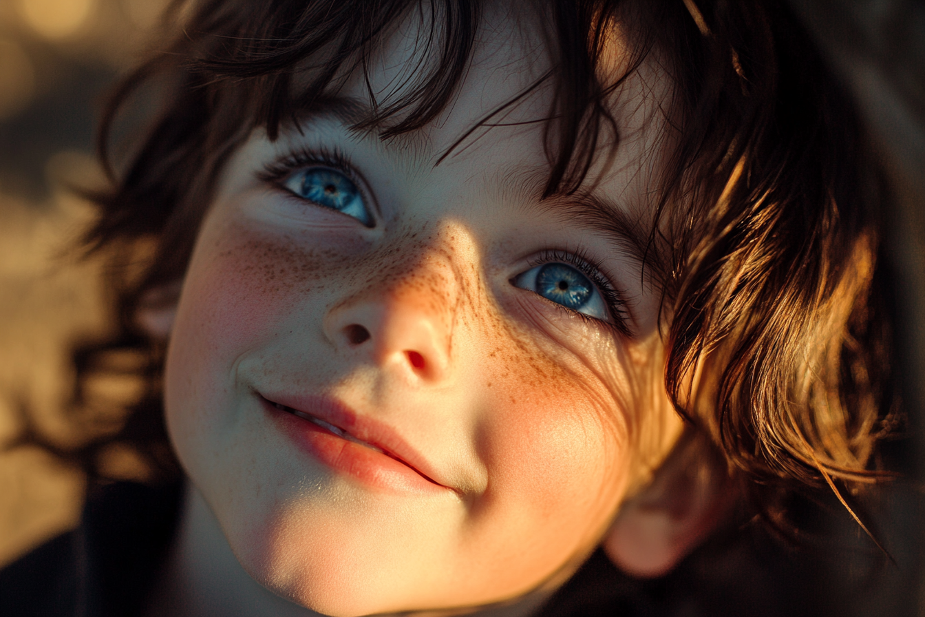 A boy with blue eyes smiling | Source: No source