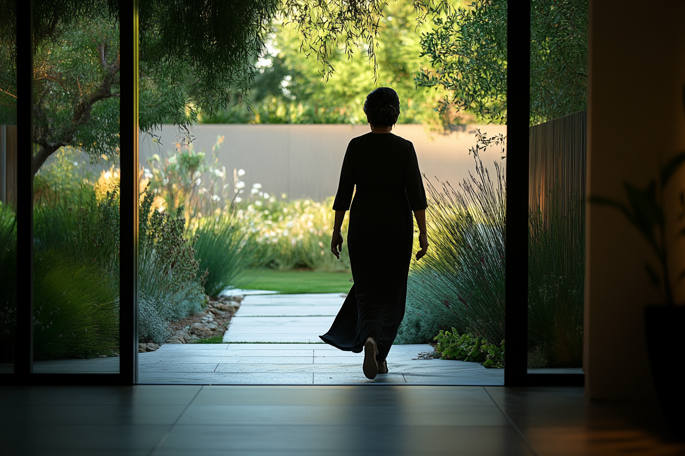 A woman walking out into a garden | Source: No source