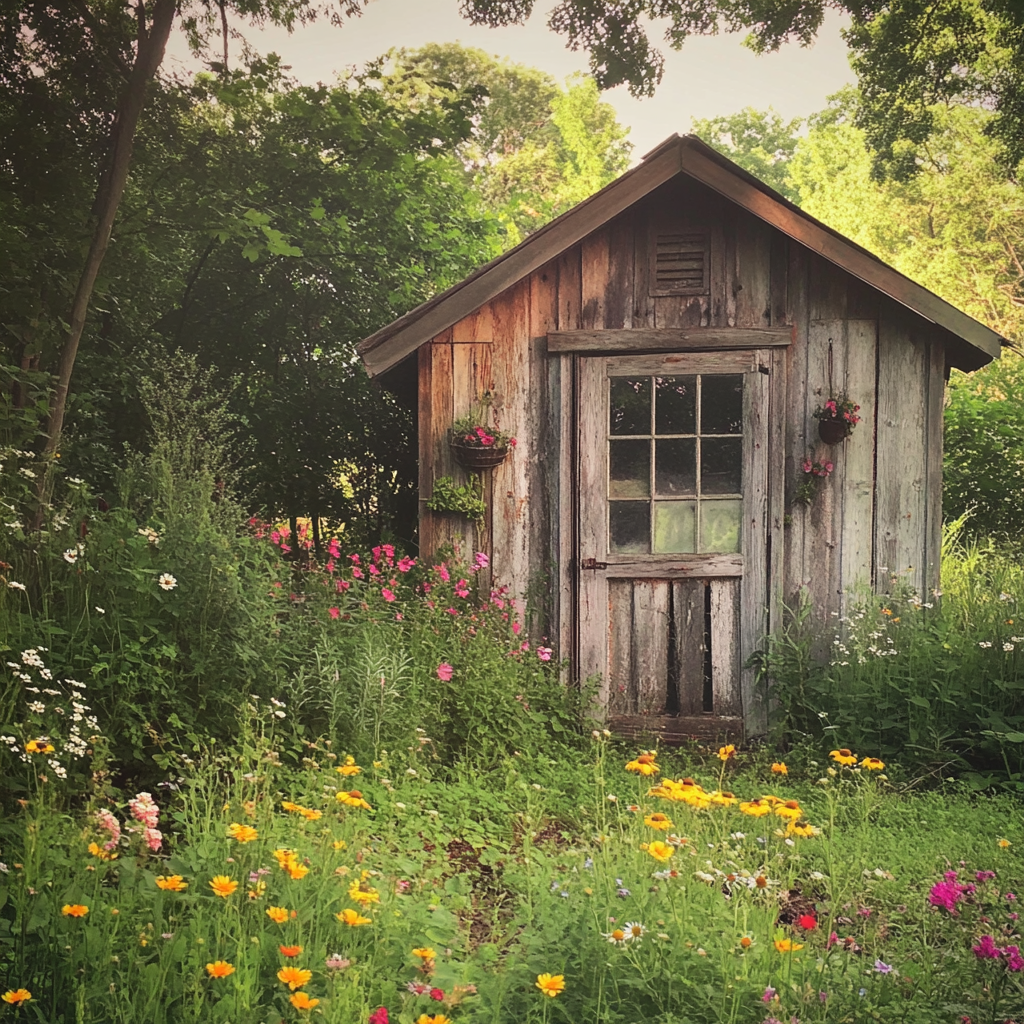 A shed with wildflowers growing around it | Source: no source