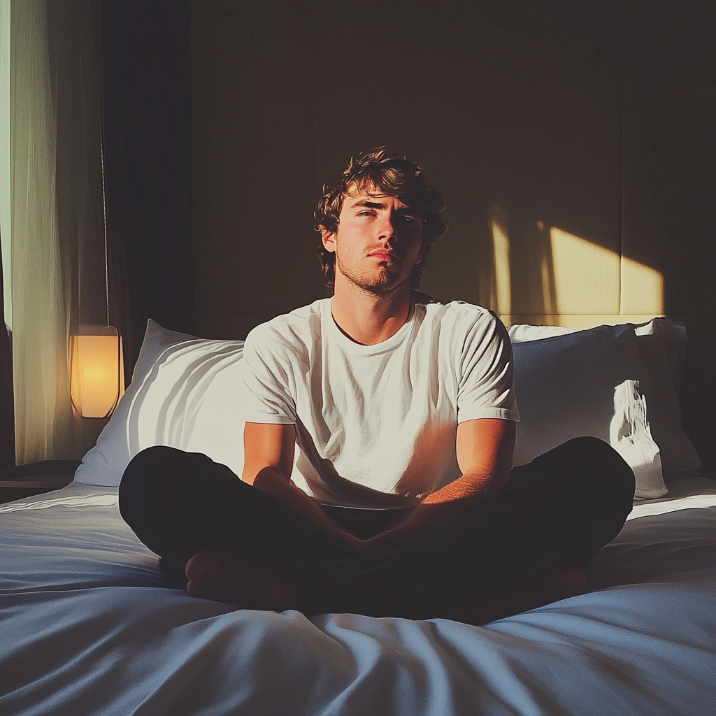 A man sitting on a hotel bed | Source: no source