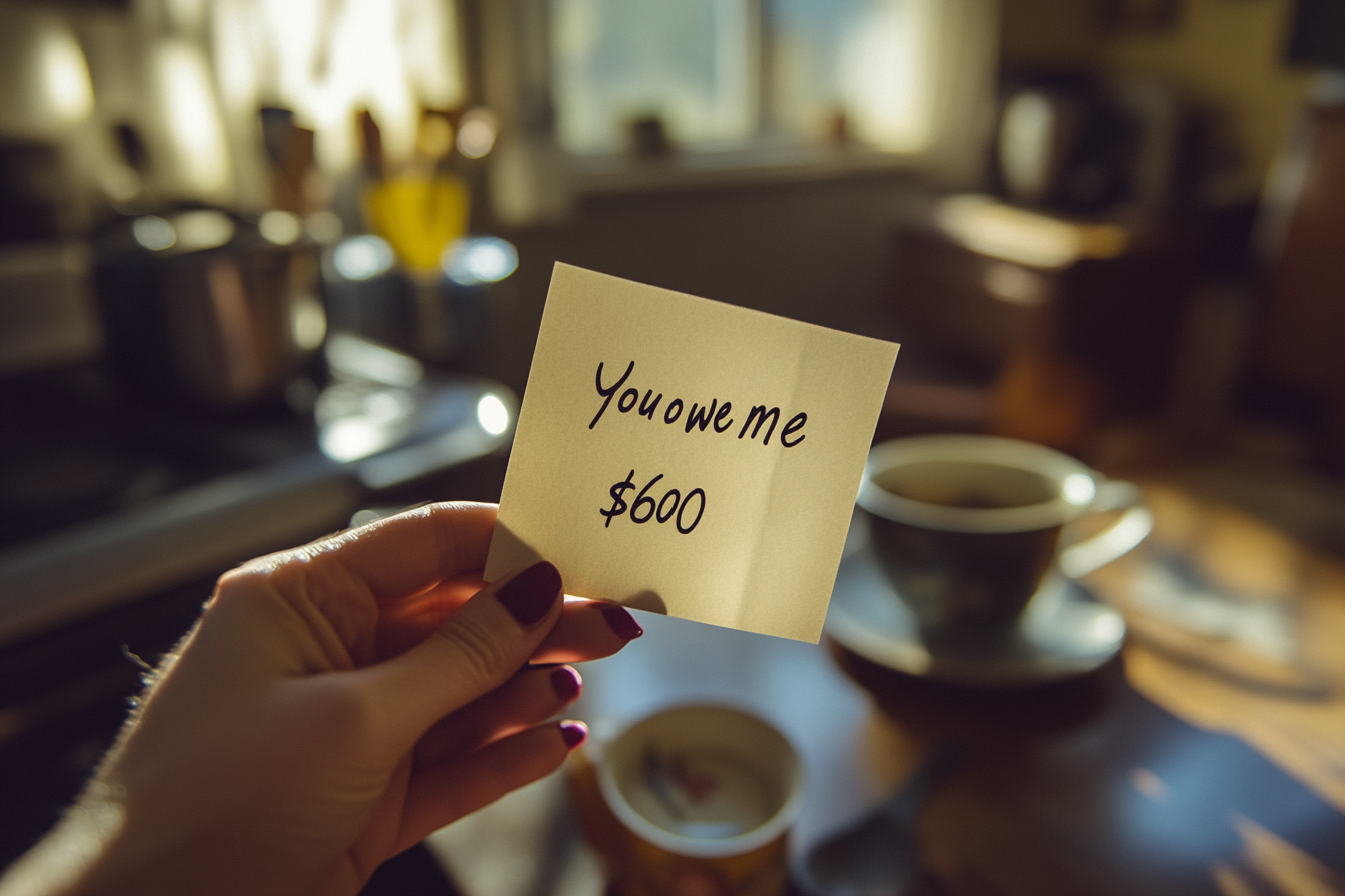 A woman's hand holding a piece of paper with a note | Source: No source