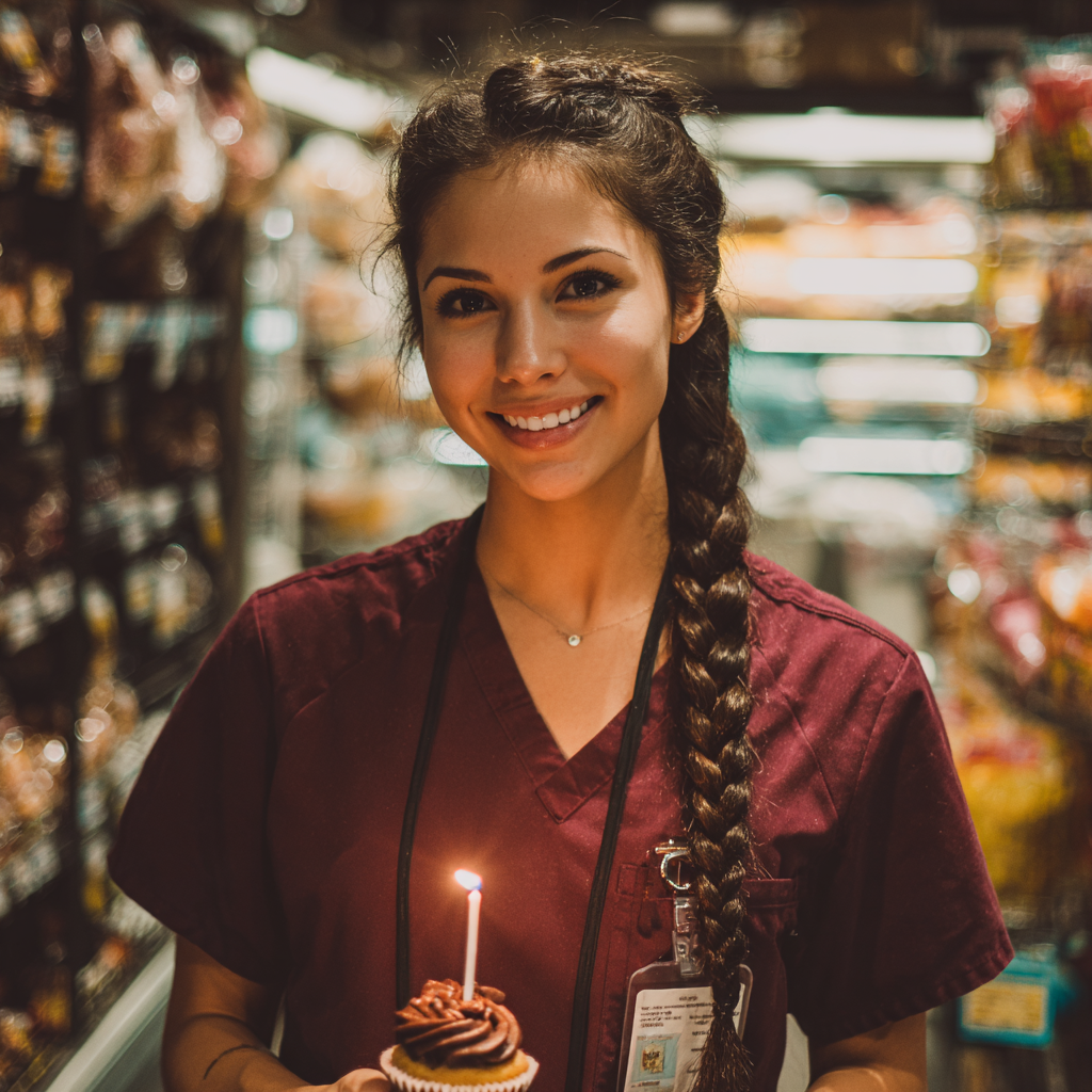 A smiling woman holding a cupcake | Source: no source