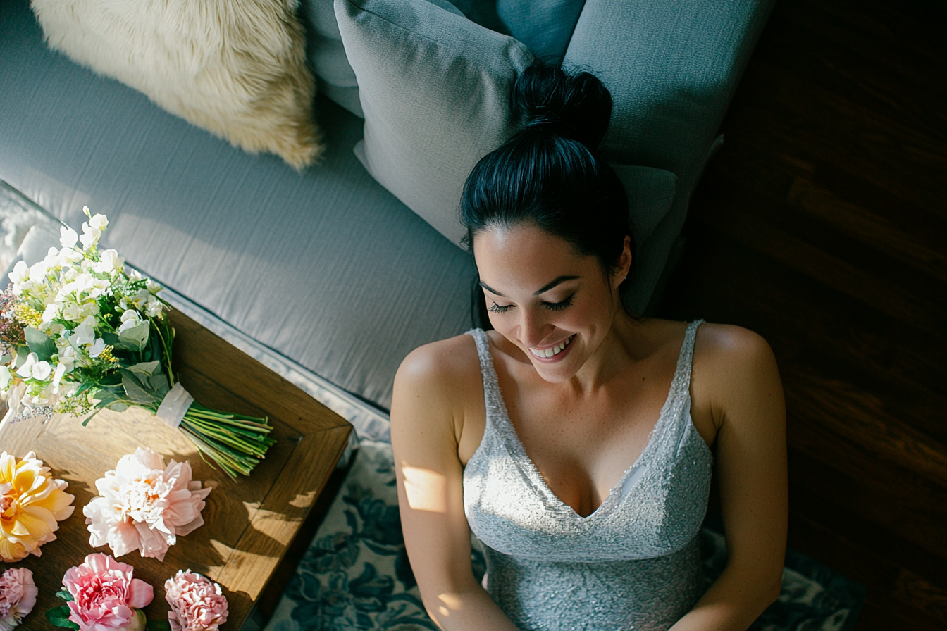 A black-haired woman in her 30s sits on the floor in front of the couch in the living room with flowers and samples on the coffee table smiling | Source: No source