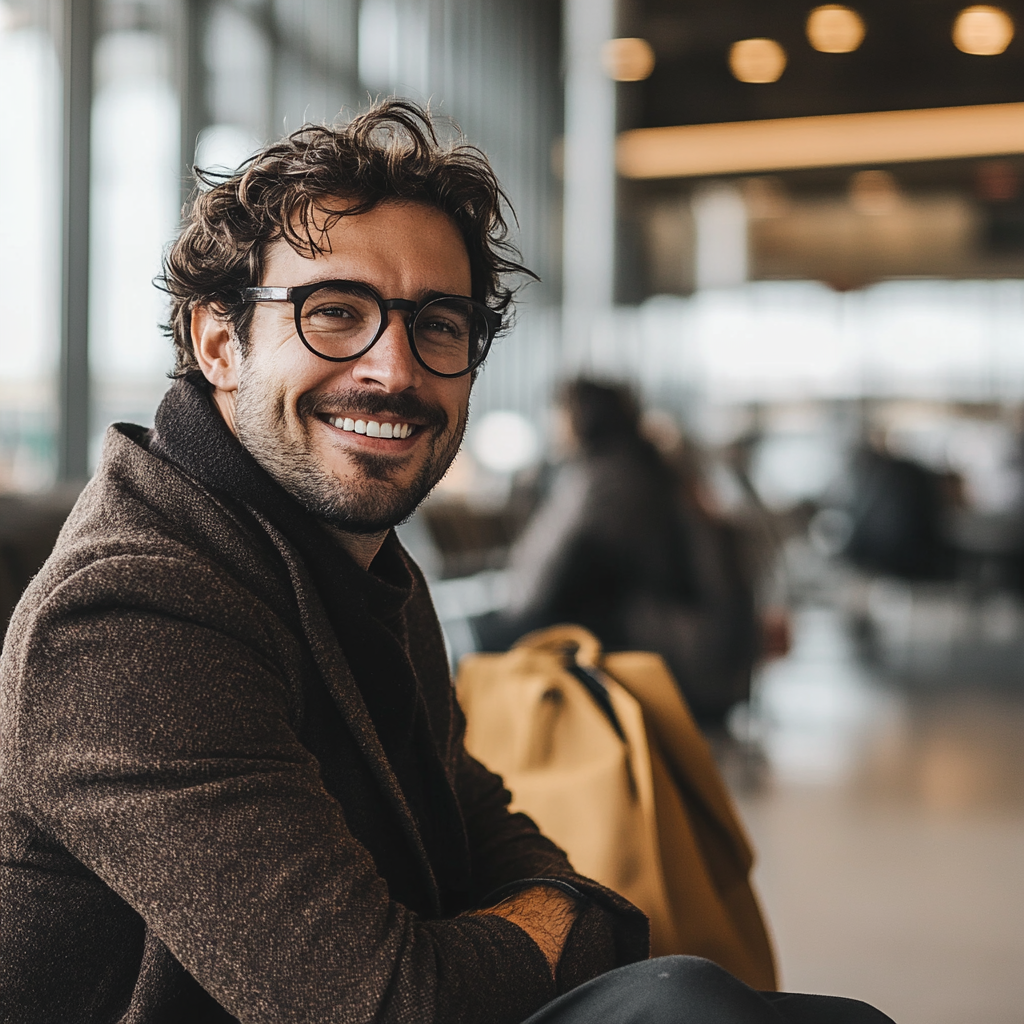 A smiling man looking at the camera in an airport | Source: No source