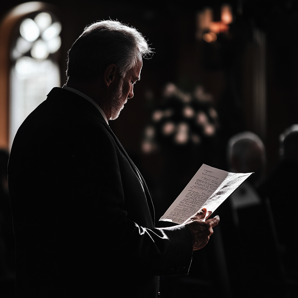 Senior man reading a letter at a funeral | Source: No source