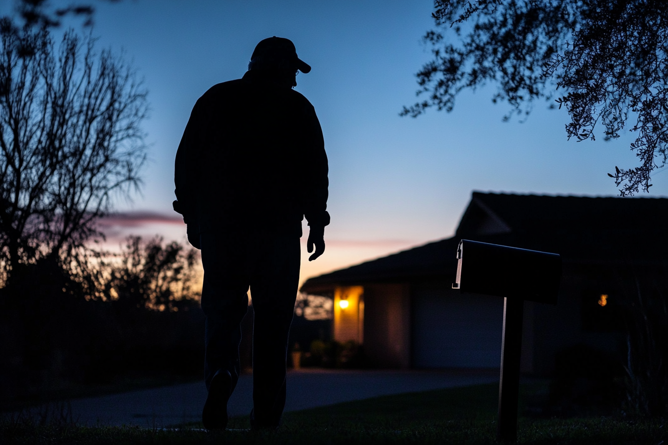 Silhouette of a man approaching a mailbox outside a house at night | Source: no source