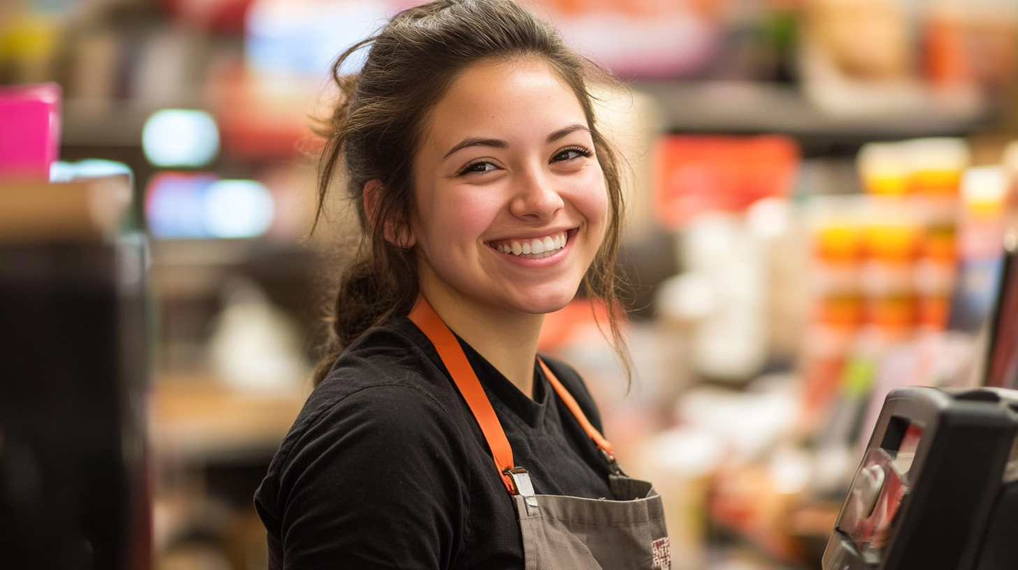 A cashier woman smiling| Source: no source