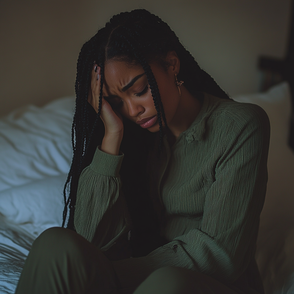 An upset woman sitting on a desk | Source: no source