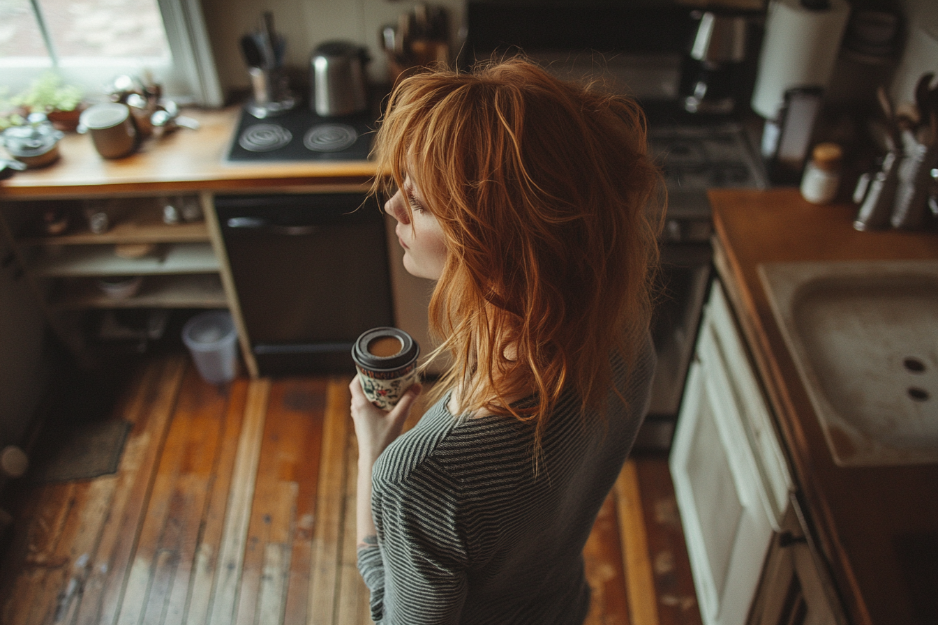 Woman having coffee in her kitchen | Source: no source