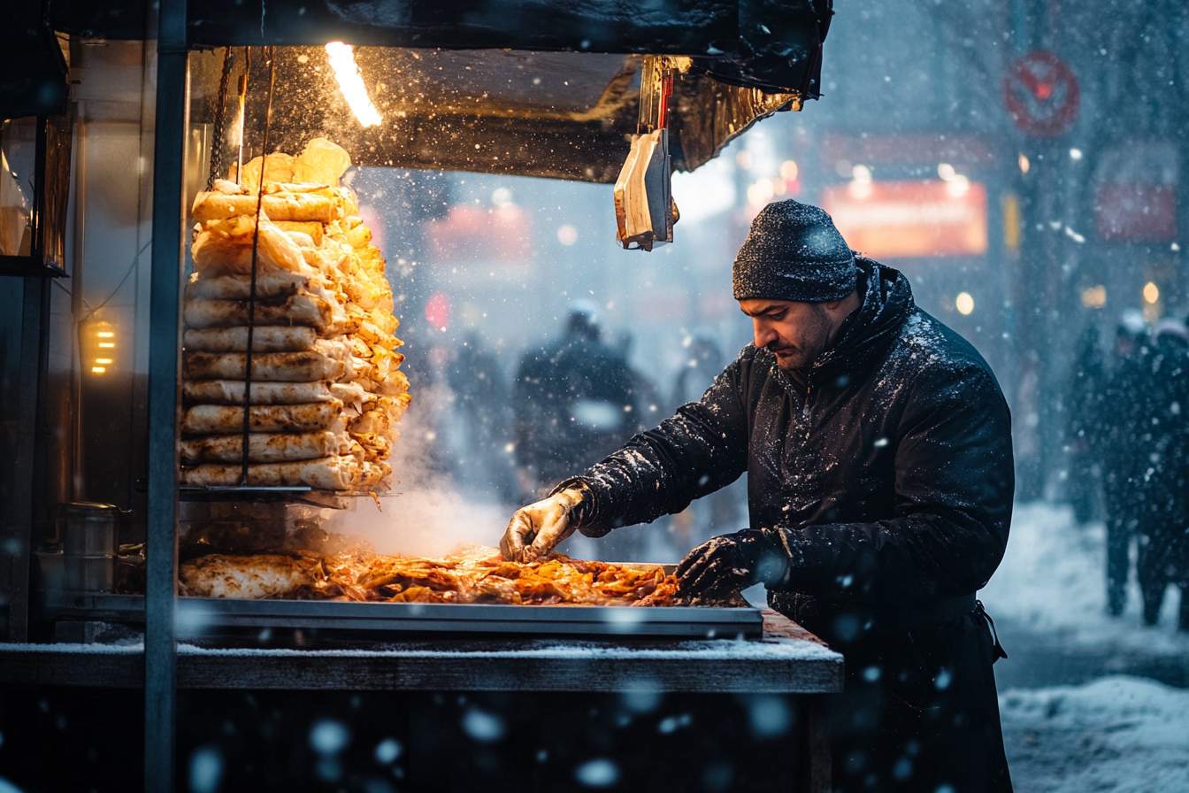 A shawarma stand with a vendor working on a cold snowy windy day | Source: No source