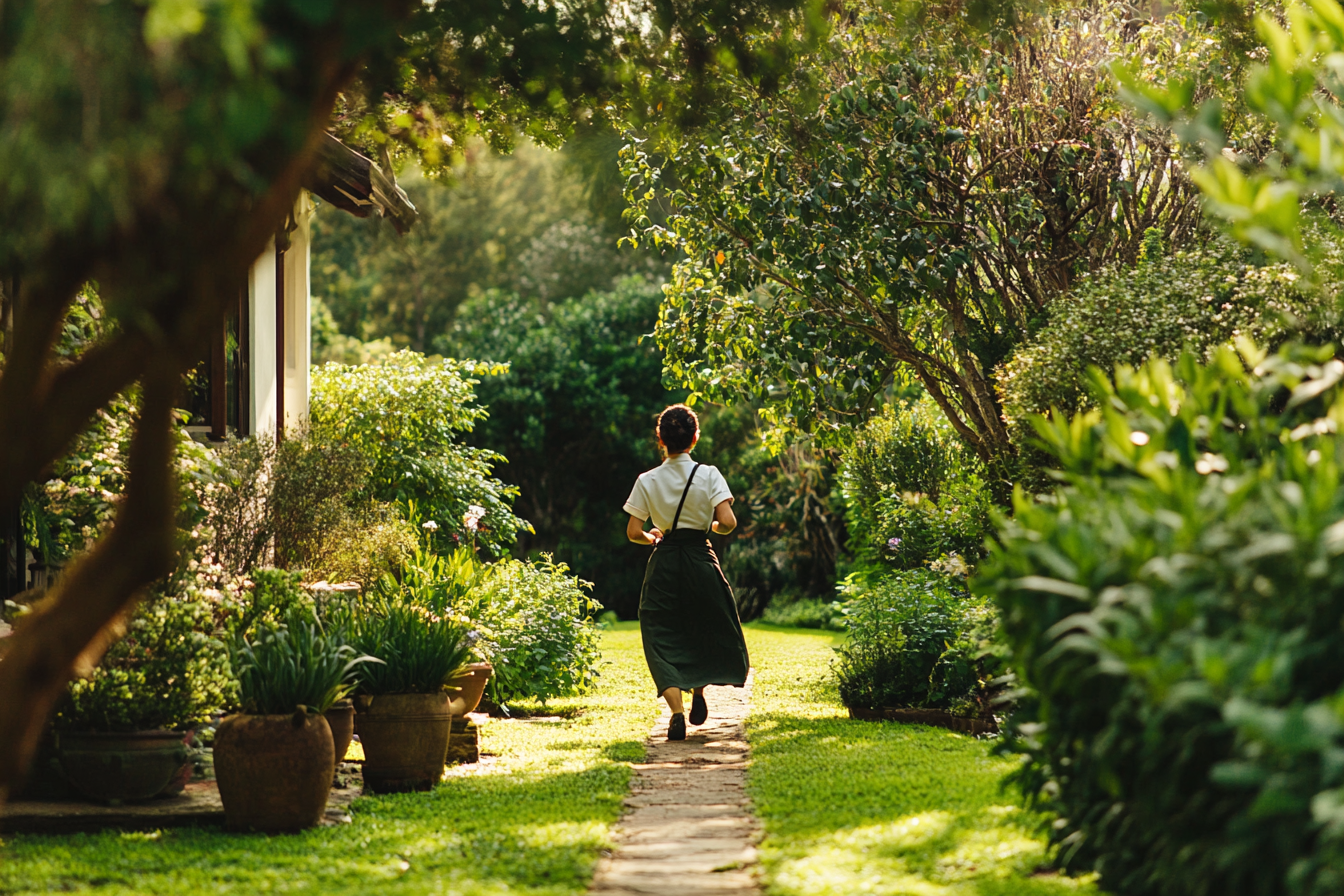 A woman hurrying through a garden | Source: No source