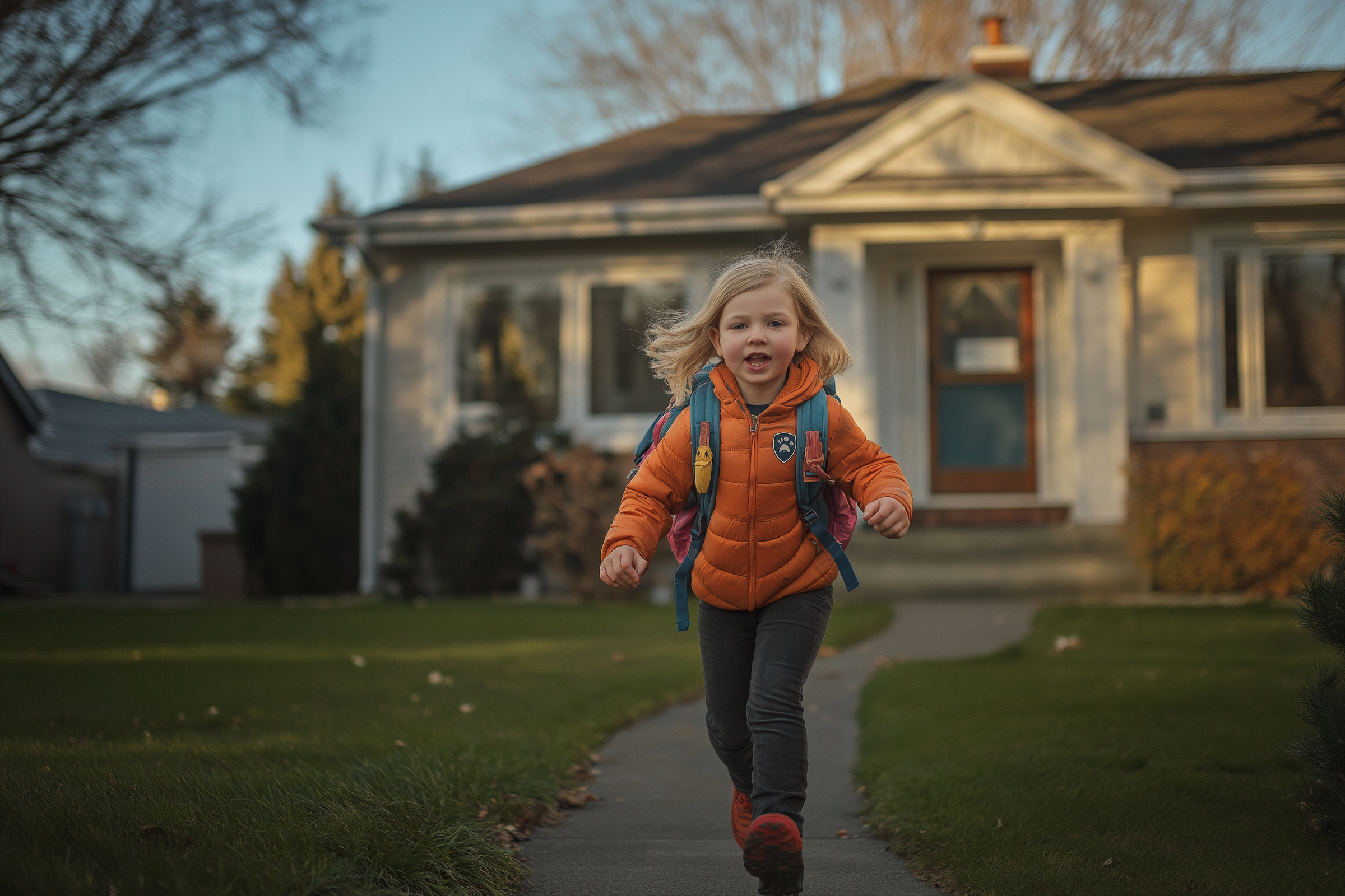 Little blonde girl running through the front yard holding a Paw Patrol backpack | Source: no source