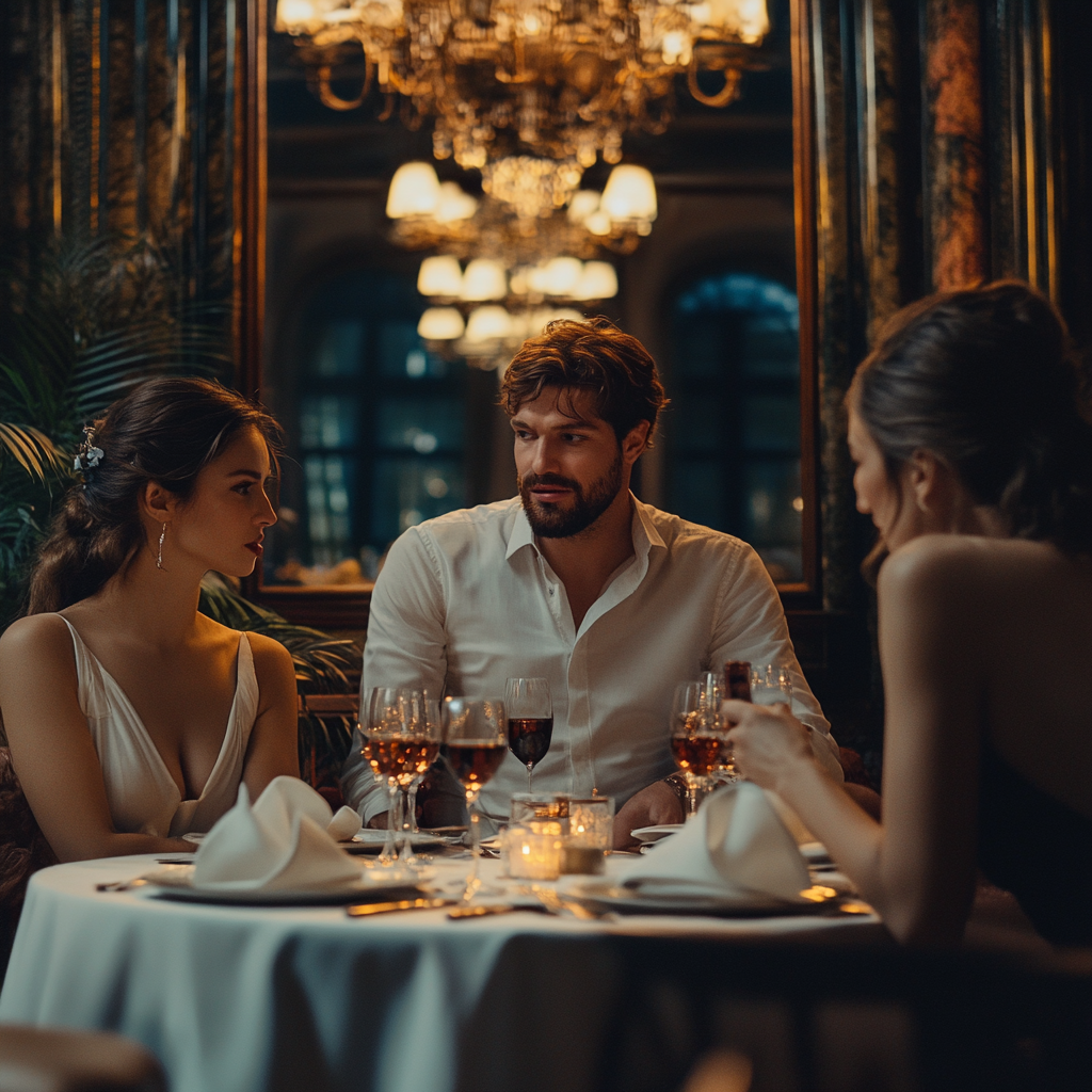 Tense man talking to two women at a dinner table in a restaurant | Source: No source