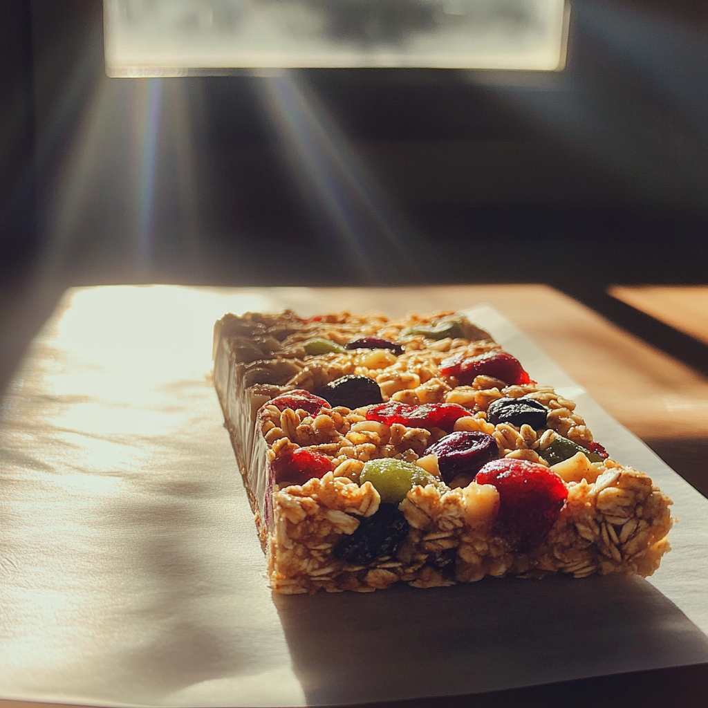 A granola bar on a piece of paper | Source: no source